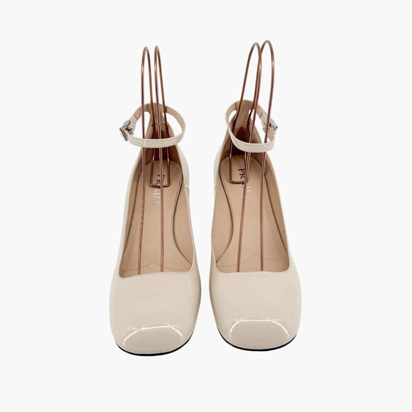 Prada Decolette Triangle Logo Mary Jane Pumps Size 40 US 10 Beige White Low Heel - Picture 2 of 14